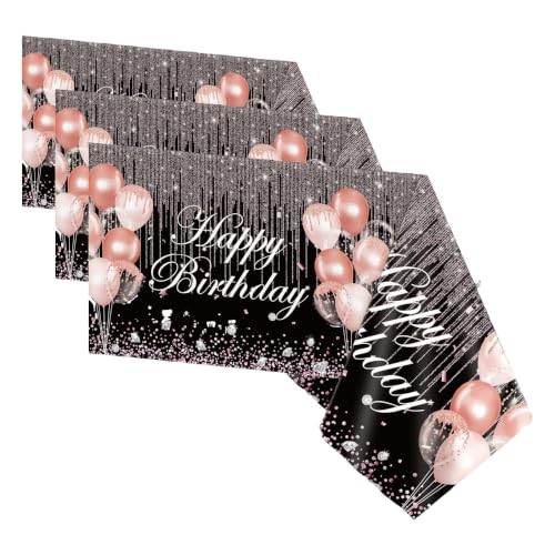 Image of chiazllta 3pcs Black Rose Gold Birthday Tablecloths - Party Decorations with Pink Sequin Plastic Table Cover, Glitter Diamonds - Happy Birthday Supplies for Girl Women Wedding Party (Pack of 3)