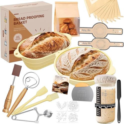 Sourdough Starter Kit | 10" Silicone Proofing Baskets (Round & Oval), Complete Bread Baking Supplies with Recipe Book, Non-Stick Foldable Home Baker Tools Wife Mom Women
