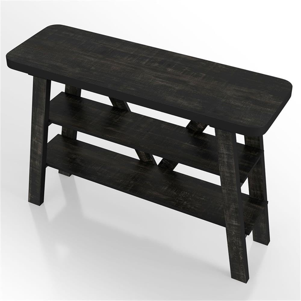 BOWERY HILL 2-Shelf Farmhouse Wood Console Table, Reclaimed Black Oak Finish, 47.24" L x 15.75" W x 33.47" H, Particle Board, Splayed Legs, 3 Shelves, Living Room or Entryway Storage Display