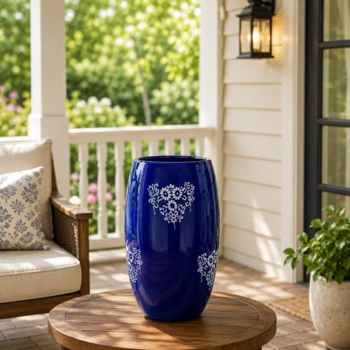 Image of Niyara Premium White Self Pattern Look Ceramic Pots Planters for Indoor Plants,Succulent,Outdoor,Balcony,Home,Garden,Office Size -Large 7.5 inches by 14 inches, Shape :Cylindrical (Blue Pot)