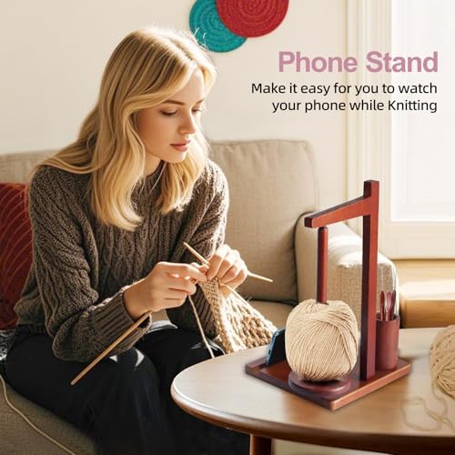 Image of Wooden Yarn Holder for Crocheting，Crochet Yarn Holder with Phone Stand, Rotatable Yarn Ball Holder with Crochet Hook Storage，Yarn Spinner for Knitting Enthusiasts