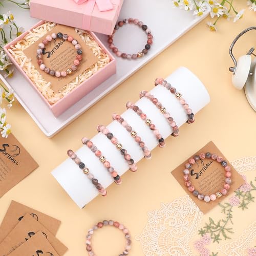Ecation 12 Sets Softball Bracelets Team Gift 8mm Natural Lave Stone Beaded Adjustable Bracelets with Inspirational Card for Men Women Birthday Softball Wristbands Team Party Favors(Pink) by Ecation - Image 4