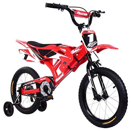 BSTQC Bicicleta para niños, 16 pulgadas, diseño de moto unisex para niños con guardabarros y freno en V