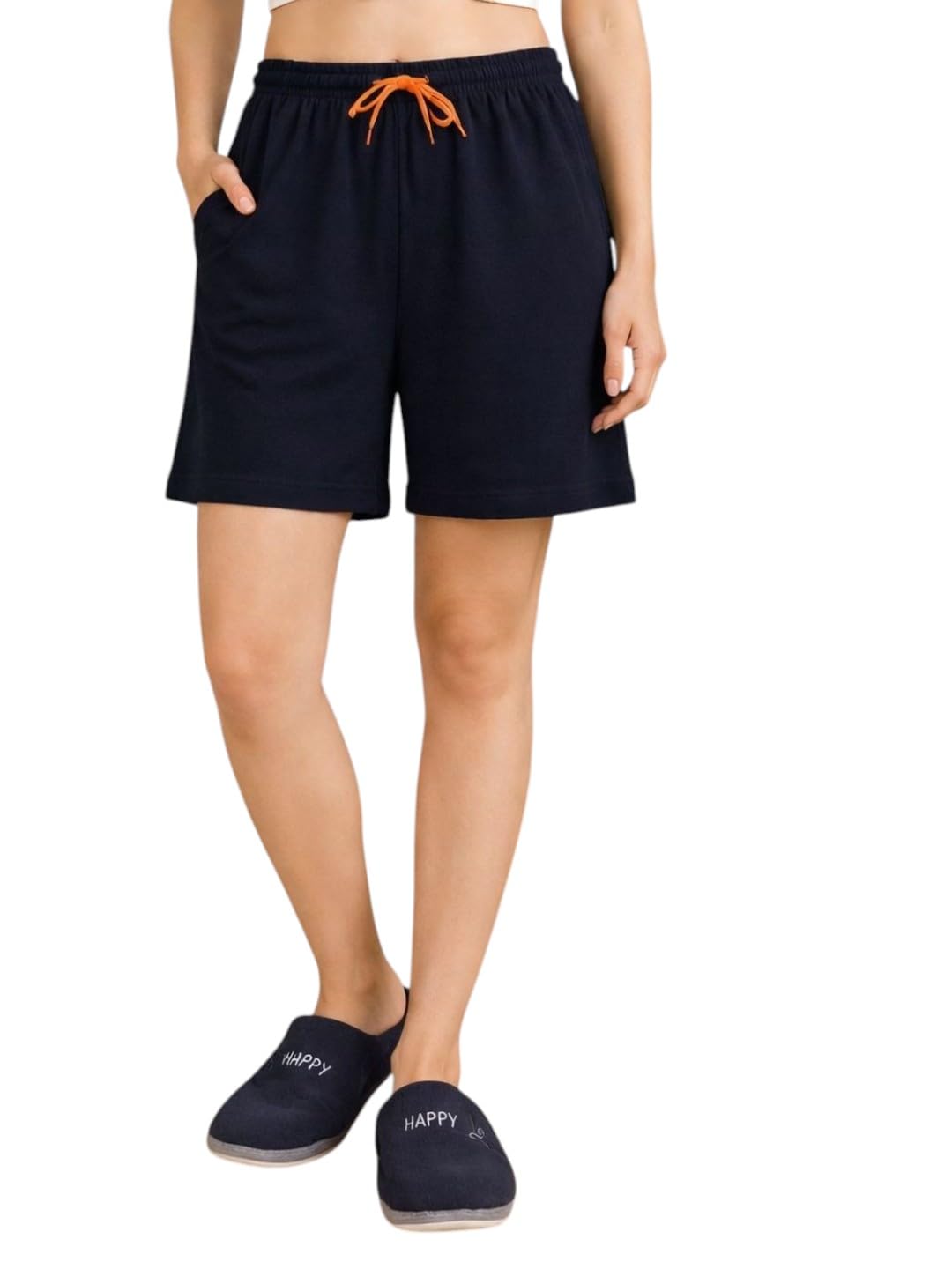 Womens 100% Cotton Solid Lounge Shorts Navy Blue-image-1