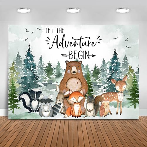 Fitumiw Woodland Baby Shower Backdrop 7x5ft Let The Adventure Begin Baby Shower Background Party Decorations for Boy Adventure Awaits Forest Wilderness Banner Photo Booth Props