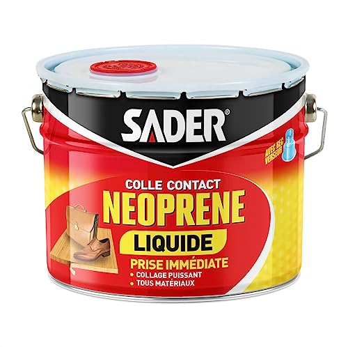 Sader Colle Contact Néoprène Liquide – Colle Extra Forte Tous Matériaux – Prise Immédiate – Idéale pour Surfaces Horizontales – Applicable au Pinceau – Seau 2,5 l