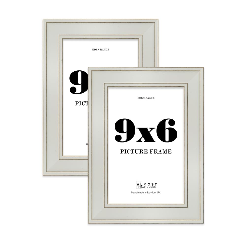 9x6 Light Grey Picture Frame - Shabby Chic Photo Frame with Distressed Finish, Gold Trim, Wall Hooks and Kickstand, 37mm Edge - 2 Pack