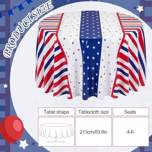 Image of Hahafelt 6 Pcs 4th of July Plastic Tablecloth 84 Inch Red White Blue Patriotic 250th Anniversary Round Disposable Table Cover American Flag Star Circular Tablecloth for Independence Day Decoration