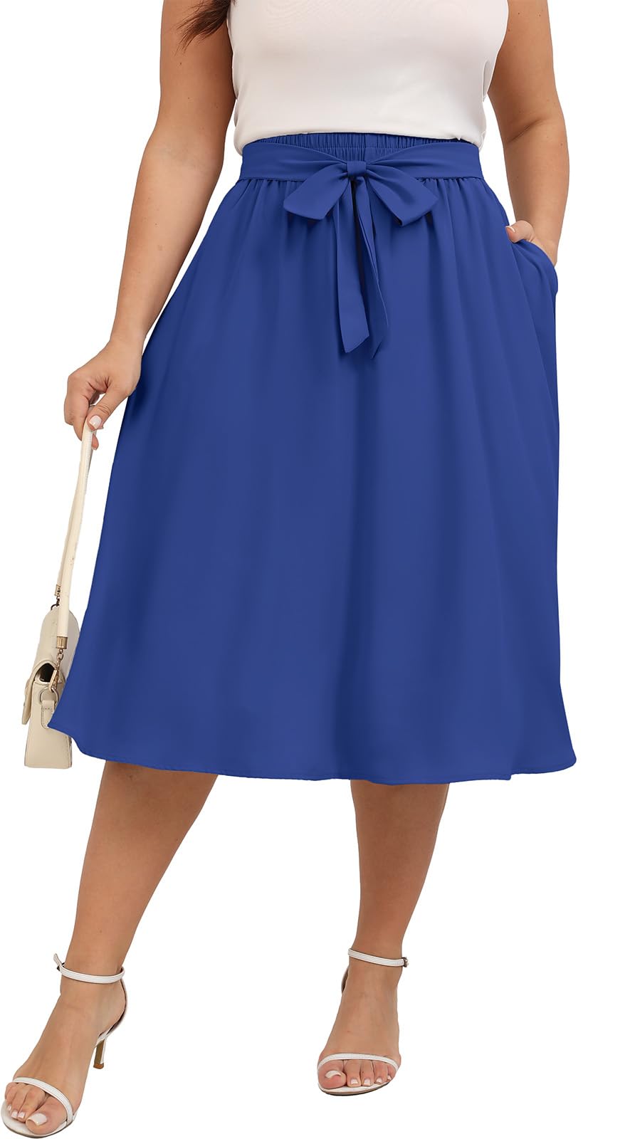 Xpenyo Womens Plus Size Midi Skirts Summer Elastic High Waisted Boho Casual Beach Flowy Swing Knee Length Skirts with Pockets