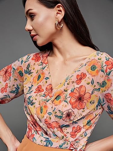 Image of Miss Chase Women's V-Neck Half Sleeve Tropical Wrap-Styled Jumpsuit
