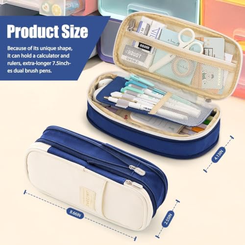 Image of WORSHIPER Big Capacity Pencil Pen Case Bag with Zipper Office College School Storage Large Capacity Bag Pouch Holder Box Organizer Colorful (Special - Creem+Blue Color)