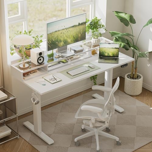 Image of Agilestic Glass Standing Desk with Storage, 48 Inch Electric Adjustable Desk with Glass Shelf and Cable Management, Sit Stand Up Home Office Computer Table, Splice Board, White