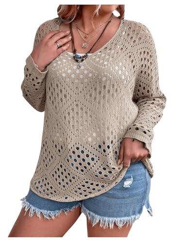 Floerns Women's Plus Size Hollow Out Scoop Neck Knitted Long Sleeve Beach Cover Up
