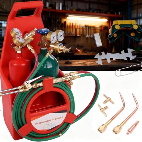 Portable Oxy Acetylene Torch Kit, Complete Welding & Cutting Kit with Oxygen & Acetylene Tanks, Dual Gauge, Regulators & Hoses, Professional Tote Oxygen Acetylene Torch Set for Brazing, Cutting