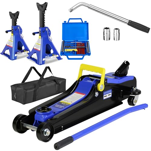 Pvillez Set of 6 Floor Jack and Jack Stands, 2 Ton(4400lb) Low Profile Floor Jack w/1 Piston Quick...