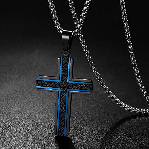 Men's Stainless Steel Cross Necklace,Two-Tone Black & Blue Carbon Fiber Pendant - Included Gift Box2