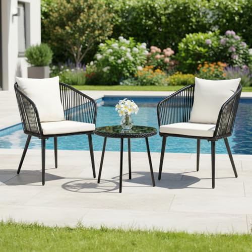 Image of DEVOKO 3 Piece Patio Wicker Bistro Set Durable and Stylish Furniture Ideal for Terrace, Garden, Balcony, Porch, Deck and Yard (Black and White)