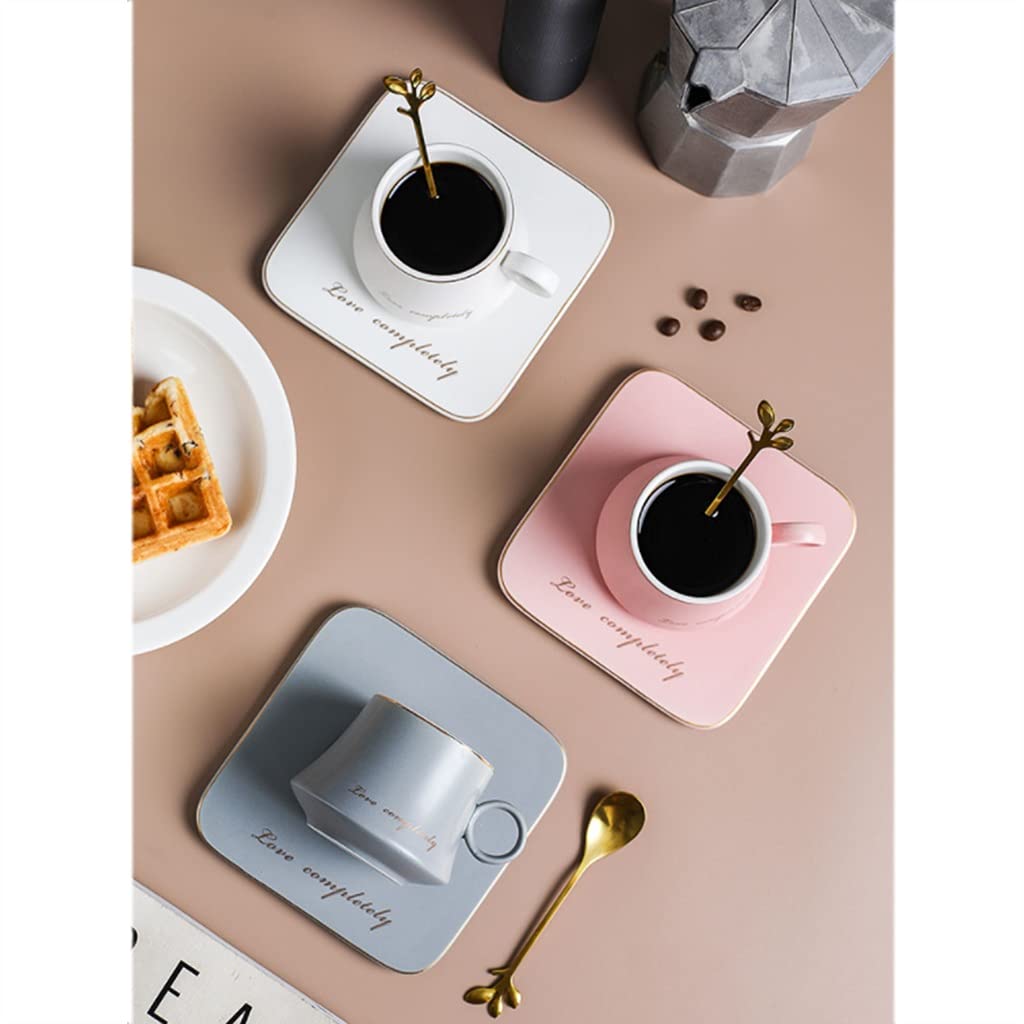 Juego de Tazas de té Juego de Tazas de té con platillo, Taza y Cuchara con Soporte de Metal Tazas de café de cerámica para café Moka Juego de Tazas de café(White+Pink-4 pcs)