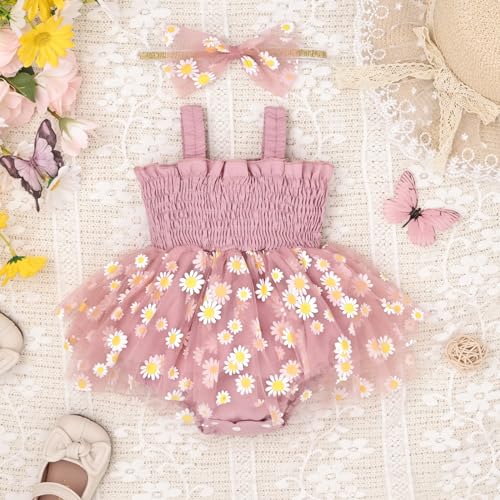  Baby Girl Summer Lace Daisy Romper Outfit with Headband (0-12 Months)