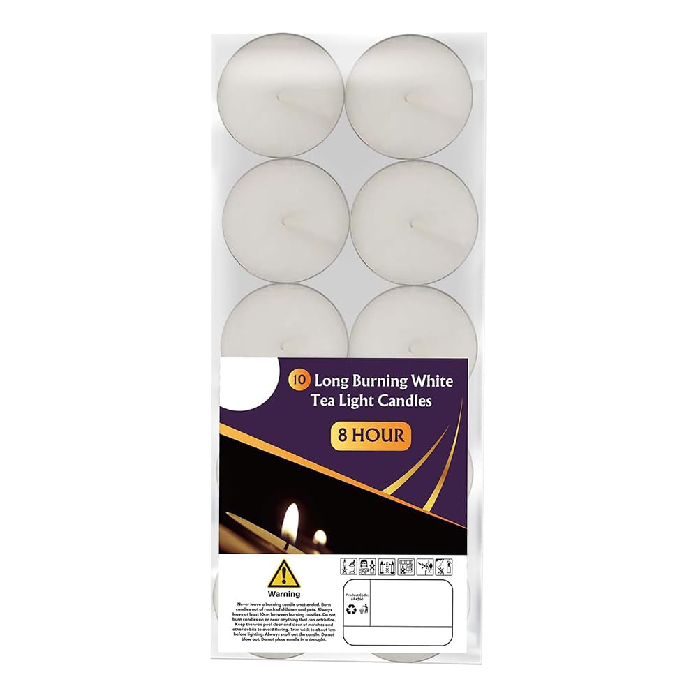 8 Hour Long Burn Time Unscented Tea Light Candle - Pack of 10