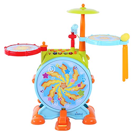 Dimple Electric Big Toy Drum Set for Kids with Movable Working Microphone to Sing and a Chair - Tons of Various Functions and Activity, Bass Drum and Pedal with Drum Sticks (Adjustable Volume)