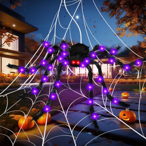 59" Halloween Giant Spider LED Purple Glow Hairy Red Eyes Bendable Decor - image 6