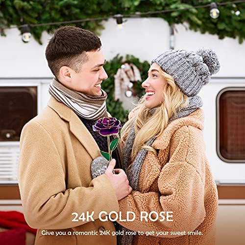 valentines gifts for her,Long Stem 24k Gold Dipped Rose Lasted Real Roses with Stand, Romantic Gift for valentines gifts/Mothers Day/Birthday (purple)