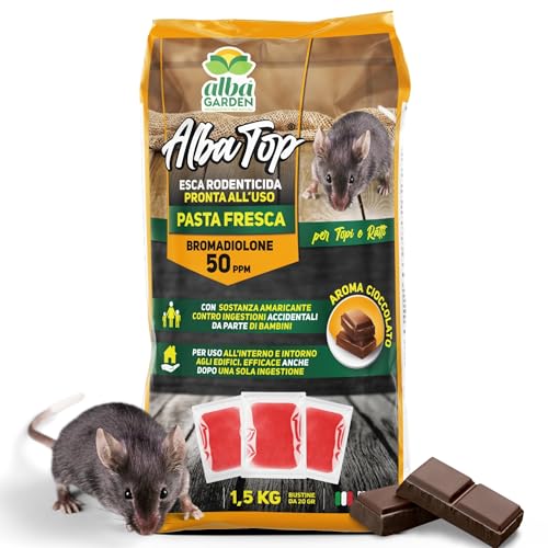 Albagarden - Veleno per Topi con Aroma al Cioccolato - Confezione Risparmio X 1,5 kg - Potente Esca Topicida in Pasta Rossa Trappola per Topi E Ultrasuoni