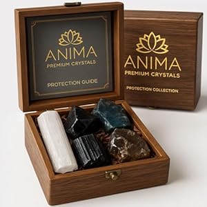 Anima Premium Protection Healing Crystals Set for Energy Shielding – Large Raw Obsidian, Black Tourmaline, Labradorite, Smoky Quartz & Selenite Bar – Wooden Gift Box and Guide Booklet Included
