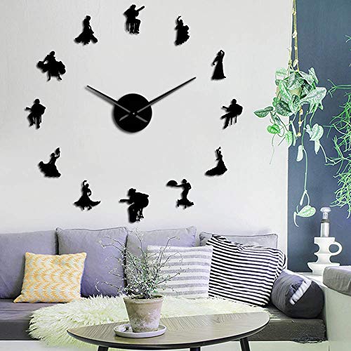 Bailarines de Flamenco Efecto Espejo Reloj Grande de Pared Bailarina española Silueta Reloj de Pared Grande Estudio de Baile Decoración de Arte de Pared única(Plata, 27')