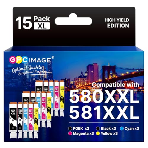GPC Image CLI-581 PGI-580 XXL Cartouches d'encre Remplacement Compatible pour Canon 581 580 XXL pour TS8150 TS6150 TS8250 TS6151 TR8550 TR7550 TS8151 TS9150 (PGBK/Noir/Cyan/Magenta/Jaune,15-Pack)