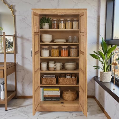 Image of The Attic Havenwood Wooden Bookshelf and Crockery Cabinet with Glass Door | Wooden Book Rack for Home Library, Study Room | Bookshelf Crockery Unit for Home & Kitchen Living Room | Natural Finish