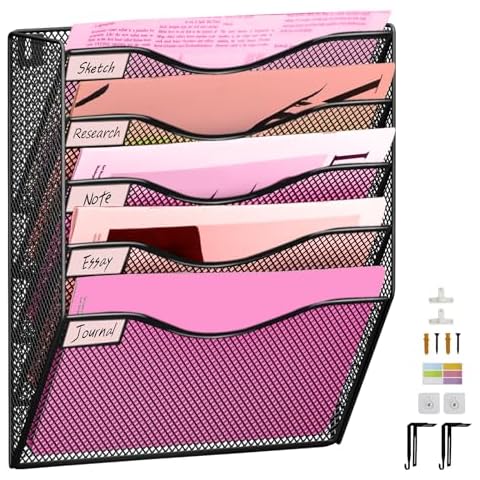 ideallife 5 Pockets Mesh Wall File Holder Organizer Office Hanging File Folder Magazine Rack, Nametag Label Hooks Set Included, Black Large Mesh Cover