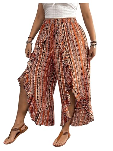 WDIRARA Women's Plus Size Boho Print Elastic Waist Ruffle Pants Slit Wide Leg Loose Pants