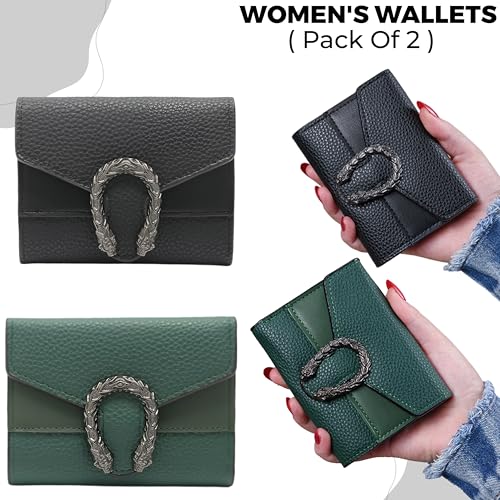 Image of Kraptick Women s Wallet Stylish Compact Purse Clutch with Card & Coin Holder Debit Card Organizer, Travel Wallet & Money Organizer for Women with 8 Card Slots (Black & Green) (Combo of 2)