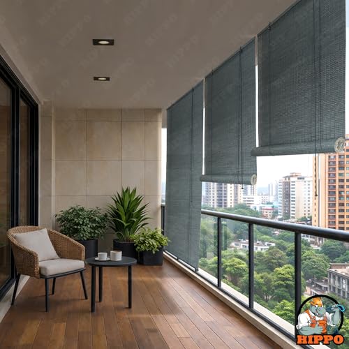 Image of HIPPO Bamboo Curtains - W-3 FT X H-5 FT Rope Mechanism Roll Up Down Indoor Bamboo Shade for Sun & Dust Protection for Home Window, Balcony, Restaurant, Hotel, Resort (Grey)