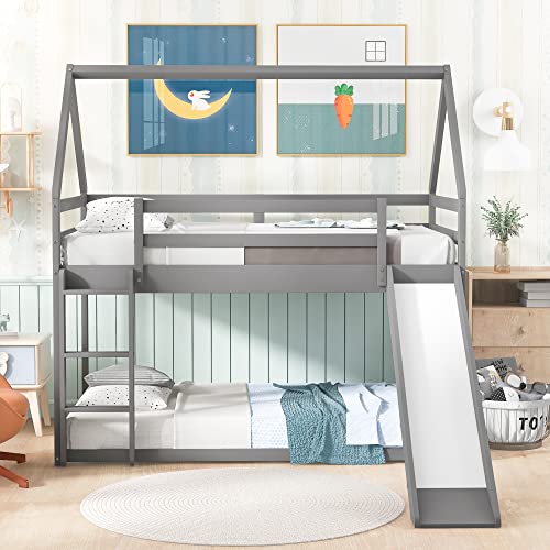 Twin Size Bunk House Bed With Convertible Slide And Ladder,Twin Over Twin Wooden Bed Frame With Guardrails For Kids Teens Girls Boys,Gray #TOP2