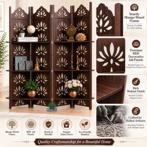 Image of Wooden Room Divider Partition with Display Shelves for Living Room | Foldable 4 Panel Decorative Privacy Screen Separator for Home, Office & Bedroom | (Brown with Shelves)