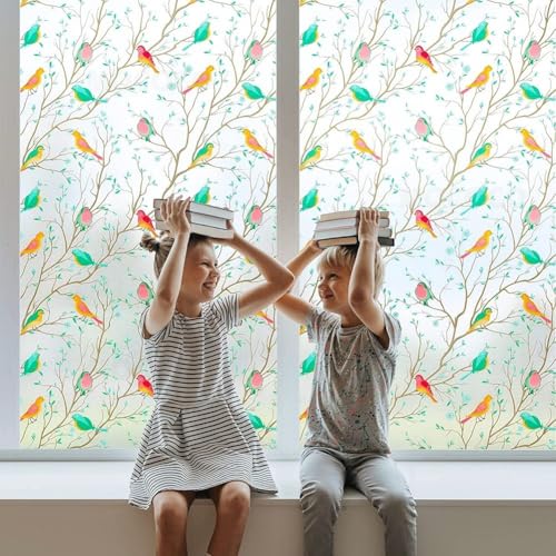 Image of MOCOCO Premium Vinyl Privacy Stained Window Glass Sticker (12x25 Inch) - Self-Adhesive Decorative Film Opaque Sheet Tint Wallpaper for Glass Cover Window, Door, Office, Home.| Anti-UV. Colorful Birds