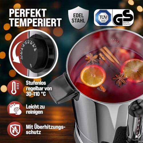 Foto von MONZANA Glühweinkocher 6,8L mit Zapfhahn Tropfschale Thermostat 30-110°C Heißgetränkespender Edelstahl Einkocher Punschkocher Heißgetränkeautomat