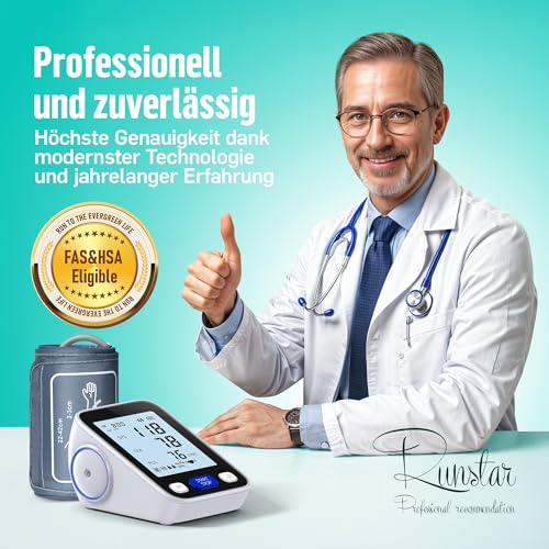 RunStar Blutdruckmessgerät oberarm mit breiter Manschette (22 cm - 42 cm) für den Heimgebrauch, automatische digitale Blutdruckmessgerät mit Aufbewahrungstasche, 2 x 99 Lesespeicher