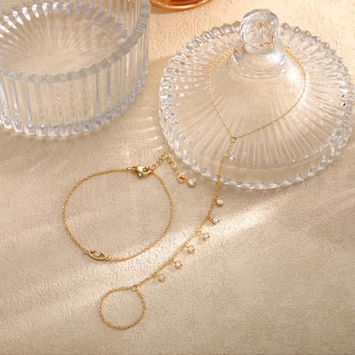 CHESKY Gold Hand Chain Bracelet for Women Trendy, Dainty 14k Gold Plated Diamond Ring Bracelet Hand Chain Hypoallergenic Evil Eye Bracelets Finger Nail Bracelet Simple Gold Jewelry for Women - Thumbnail 7