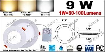 ZEEZ Lighting - 9W (OD 4.75 / ID 4) Natural White LED Recessed Panel Down Light Bulb Slim Lamp Fixture w/Junction Box ETL Listed - 1 Pack