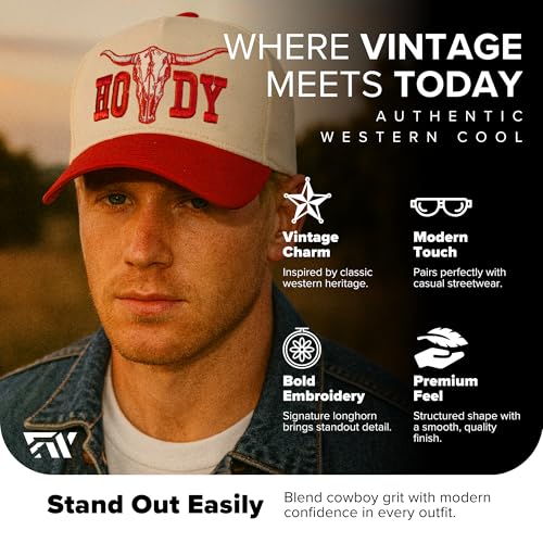 Image of Country Trucker Hat - Western Snapback Baseball Cap - Vintage Embroidered Hat for Men & Women