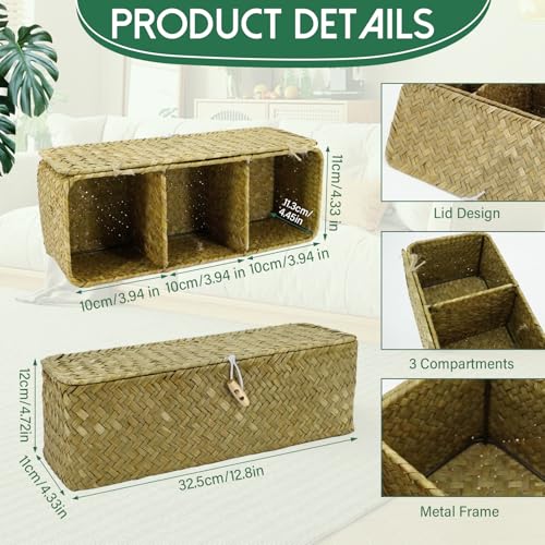 32.5x12x11cm Natürliches Aufbewahrungskorb, Seegras Korb Aufbewahrung, Geflochtene Rechteckig Korb, Rattan Korb mit Deckel 3 Fächern, Körbchen Aufbewahrung für Schlafzimmer Badezimmer (Originalfarbe)