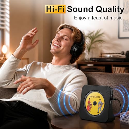 Image of Gueray CD Player Portable Bluetooth Desktop CD Player for Home with Timer Built-in HiFi Speakers with LCD Screen Display Boombox FM Radio USB Type-c (Black)