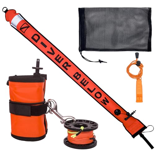 Surface Marker Buoy Scuba Diving SMB Marker Buoy Safety Sausage for Scuba Diving SMB 5ft DSMB Diver Below Signal Tube with Metal Finger Spool 98ft Dive Reel 316 Double End Hook Whistle Bag (Orange)