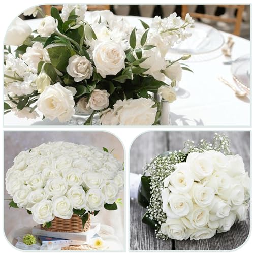 White Roses Artificial Flowers Bulk, 52Pcs Fake Roses White Flowers, DIY Silk Faux Roses Bouquet, Realistic White Faux Flowers Mohter's Day Valentine's Day Decor - Image 6