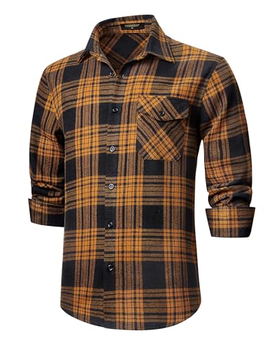 HISDERN Men's Shirts Long Sleeve Casual Plaid Flannel Shirt Checked Button Down Shirts Navy/Caramel 2XL