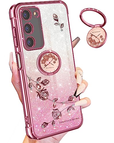 Coque Samsung A03S paillettes avec anneau et motif floral rose pour femme